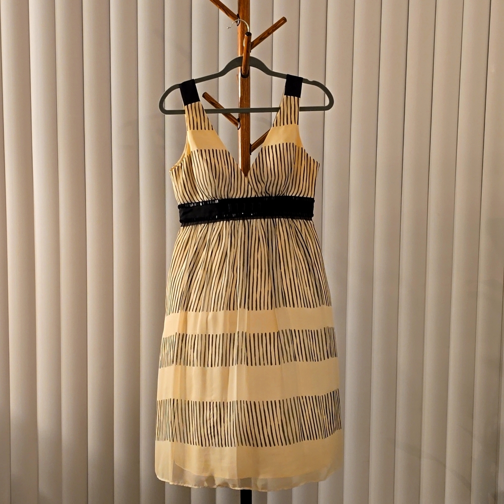 Late 2000s Max & Cleo, Cream With Black Lines Cocktail Dress